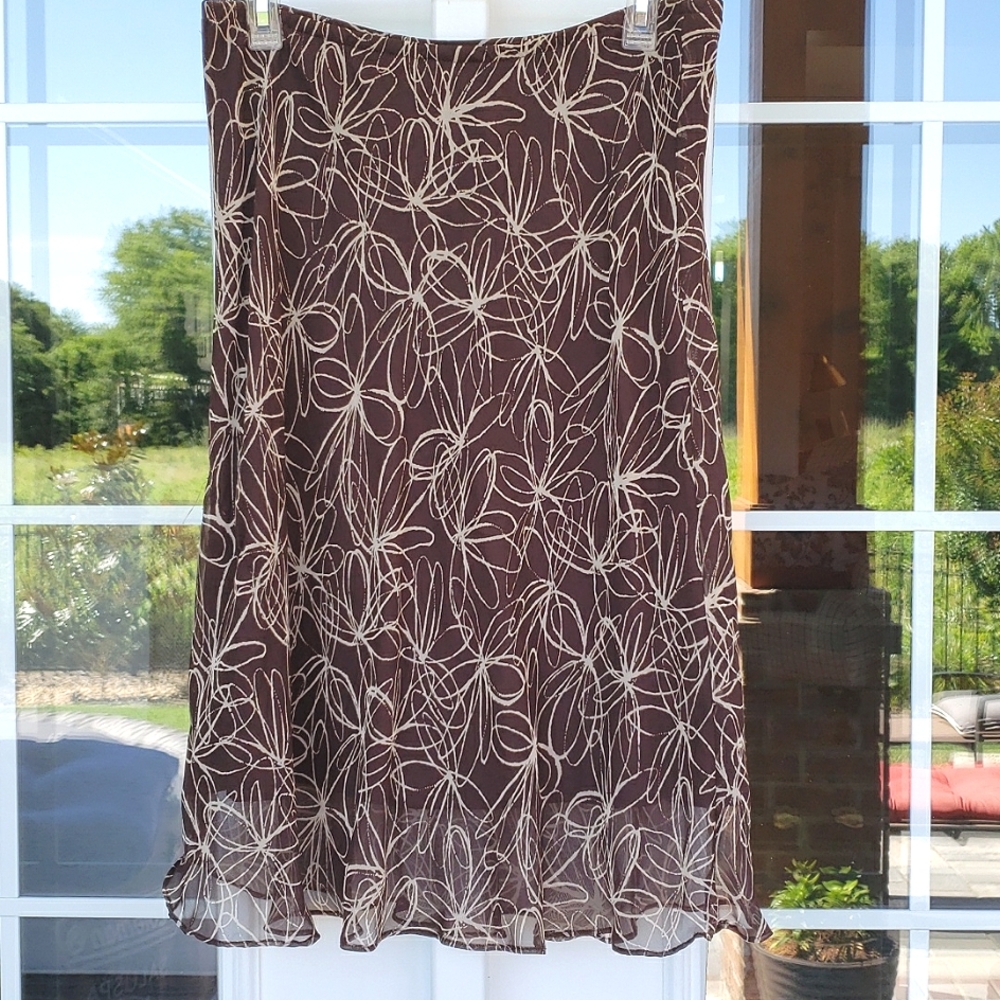 R & k Originals Brown And Tan Petite Flowy Lined Elastic Waist Skirt. Size 10P
